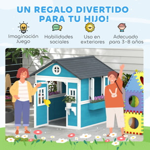 Casa de Jardín Infantil Casa de Madera para Niños con Puerta Ventanas Jardineras y Soportes de Flores 114x126,4x135 cm Azul