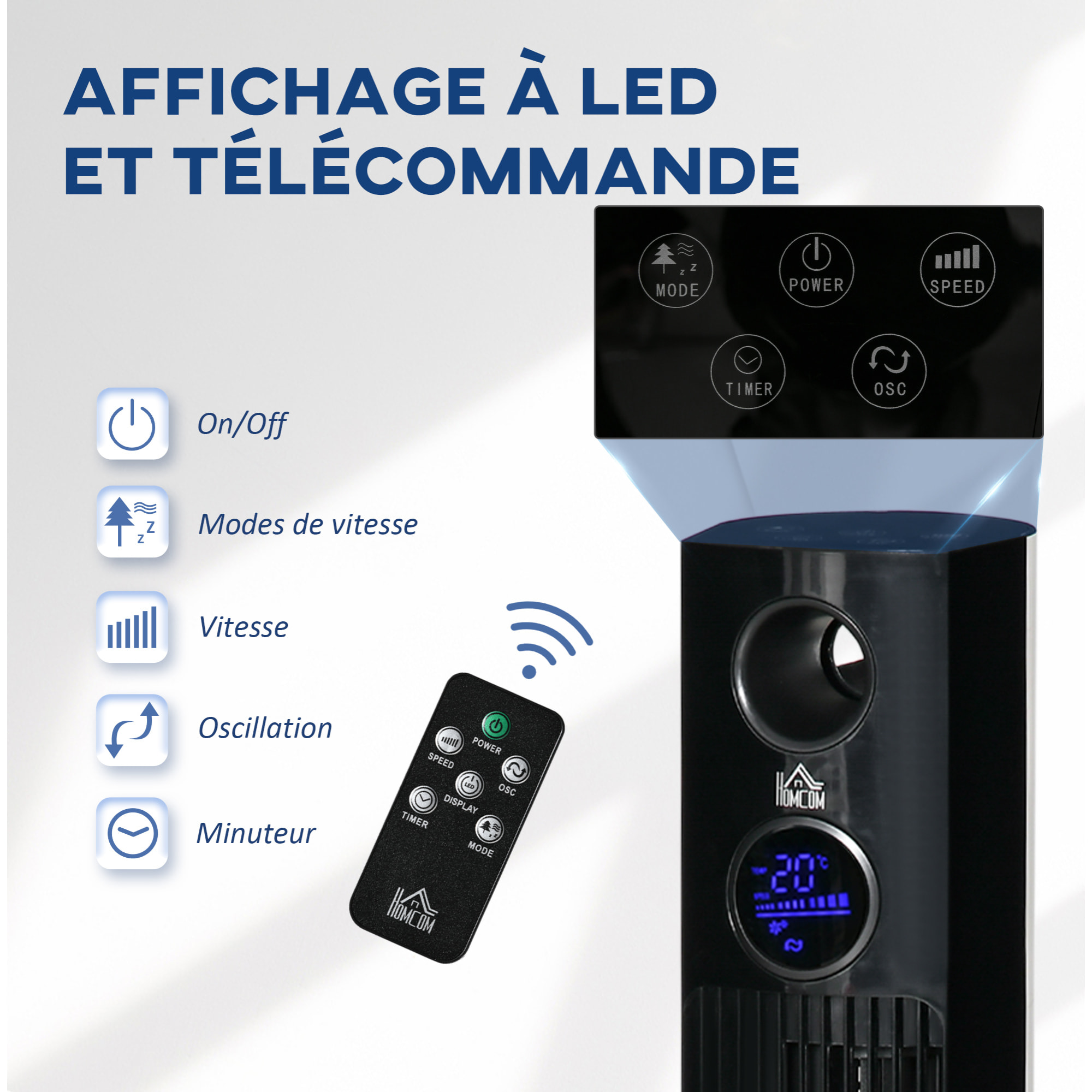 Ventilateur colonne tour oscillant 45 W silencieux télécommande timer aromathérapie 3 modes 3 vitesses noir