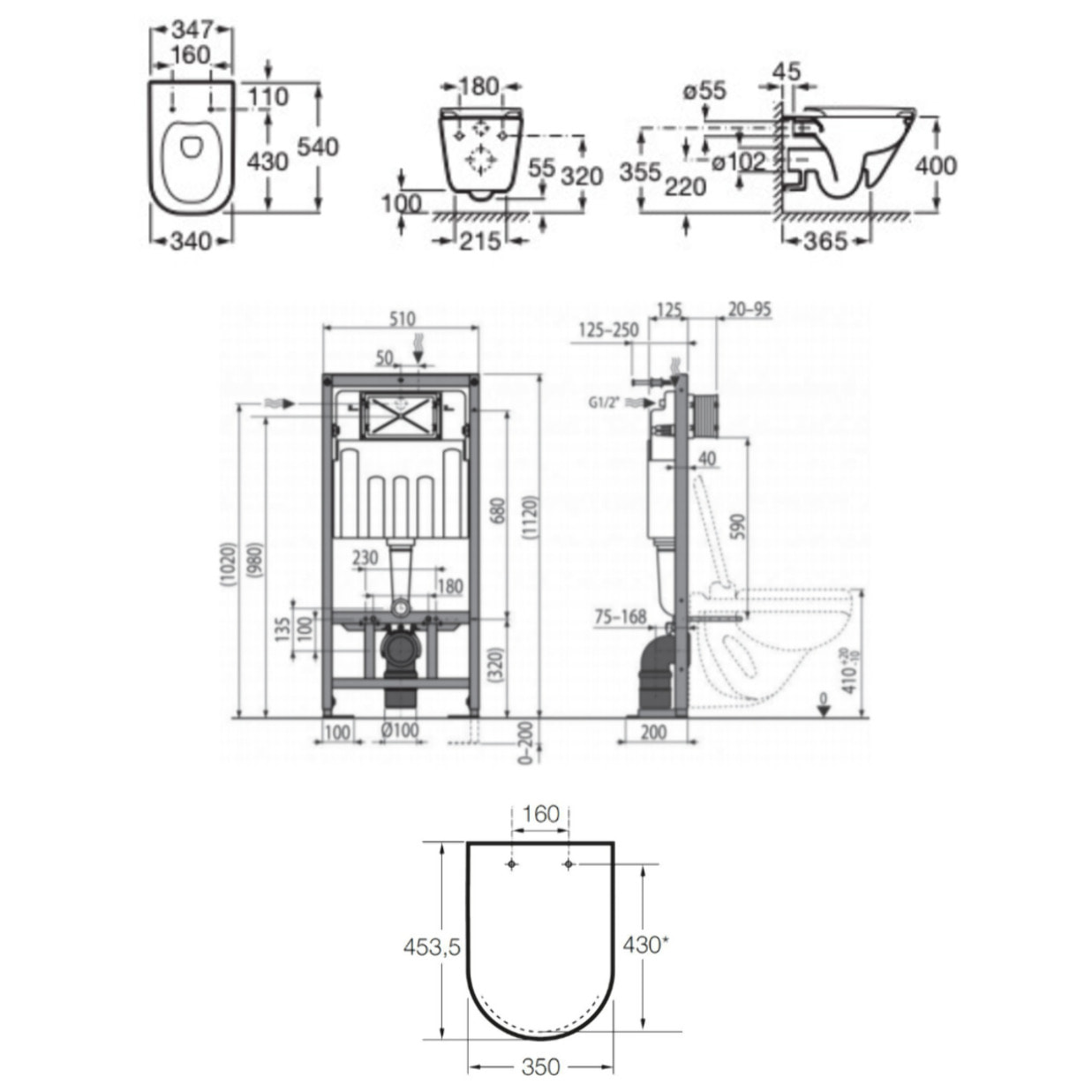 Pack WC bâti-support autoportant + WC suspendu sans bride avec abattant SoftClose + plaque blanc/chrome (STROGAWR06-U)