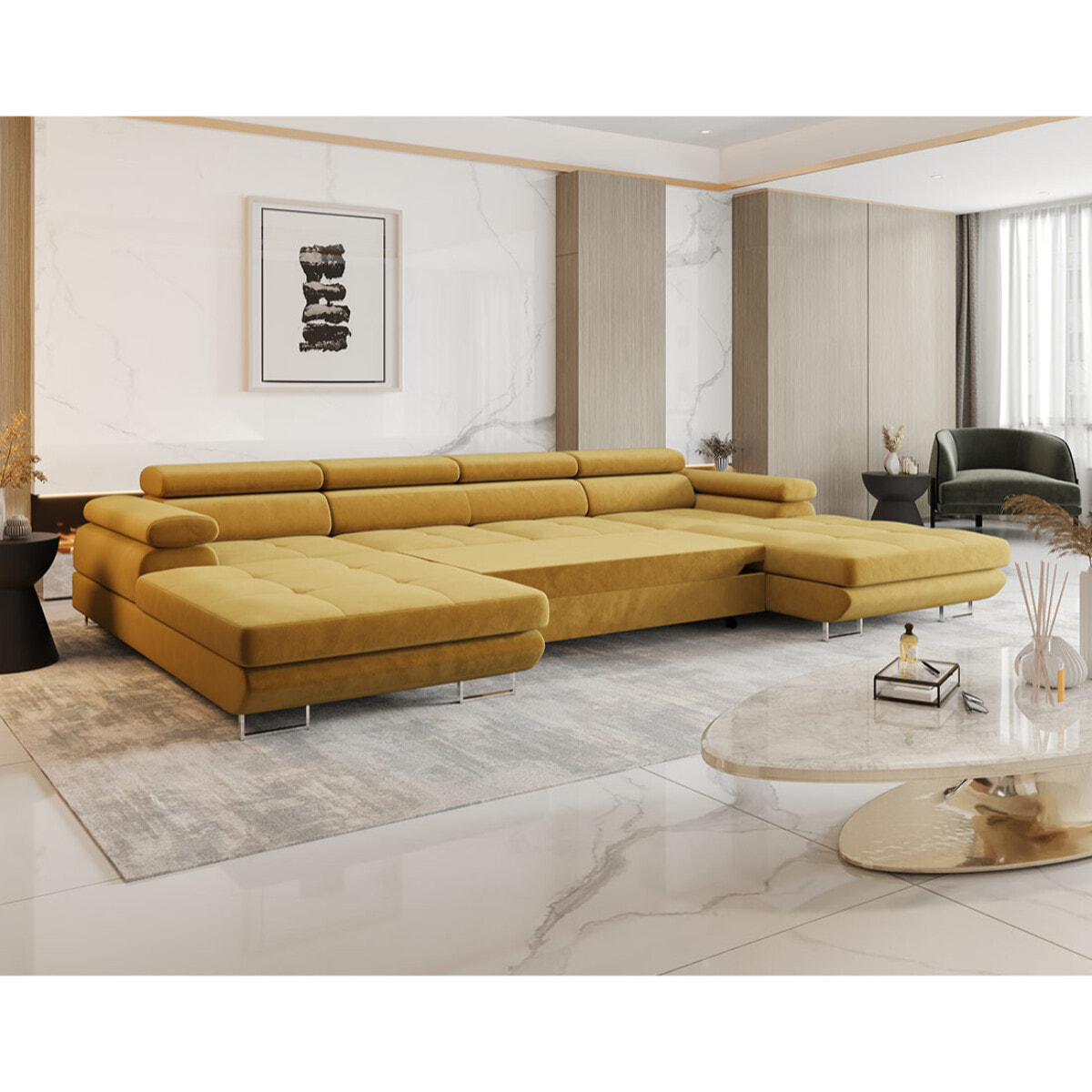 Ayden - Canapé panoramique en U 7 places convertible avec coffre et têtières réglables en tissu - Jaune