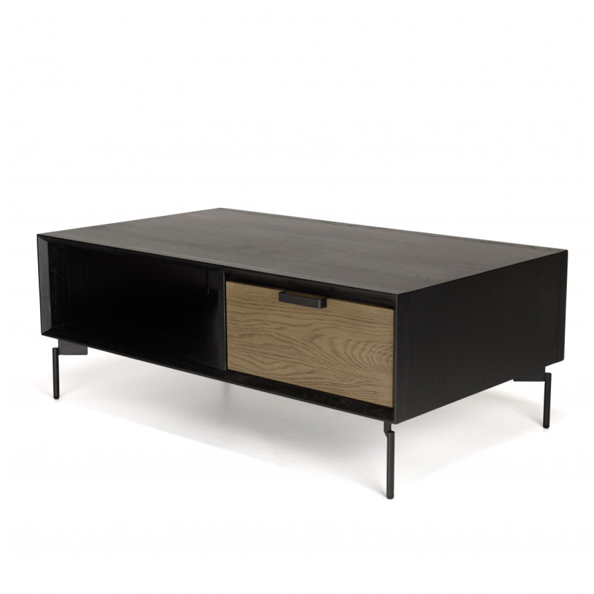 ALMA - Table basse noire 1 niche 2 tiroirs marron foncé pieds métal