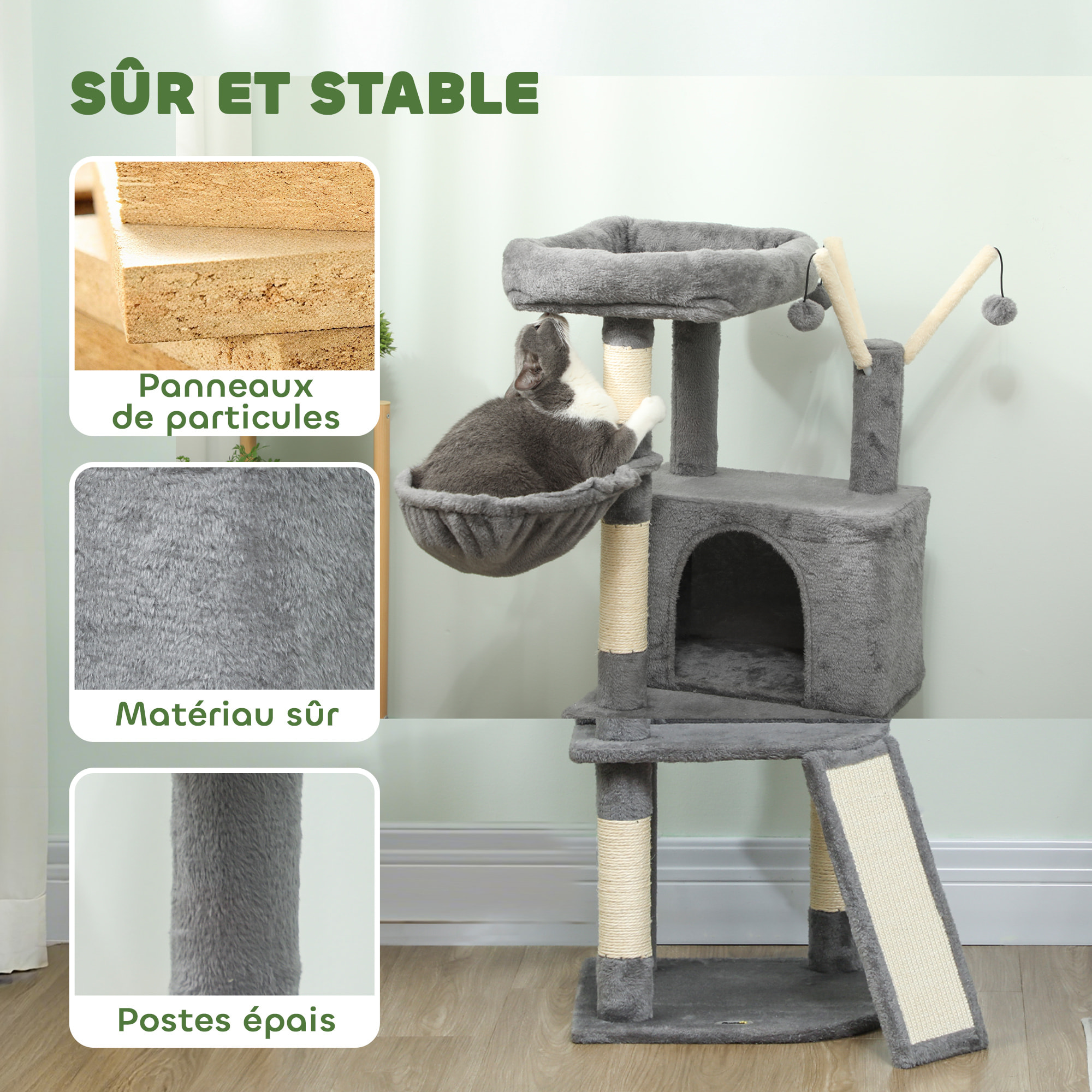 Arbre à chat multi-équipé niche hamac plateforme 3 boules griffoirs grattoir gris