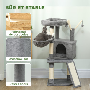 Arbre à chat multi-équipé niche hamac plateforme 3 boules griffoirs grattoir gris