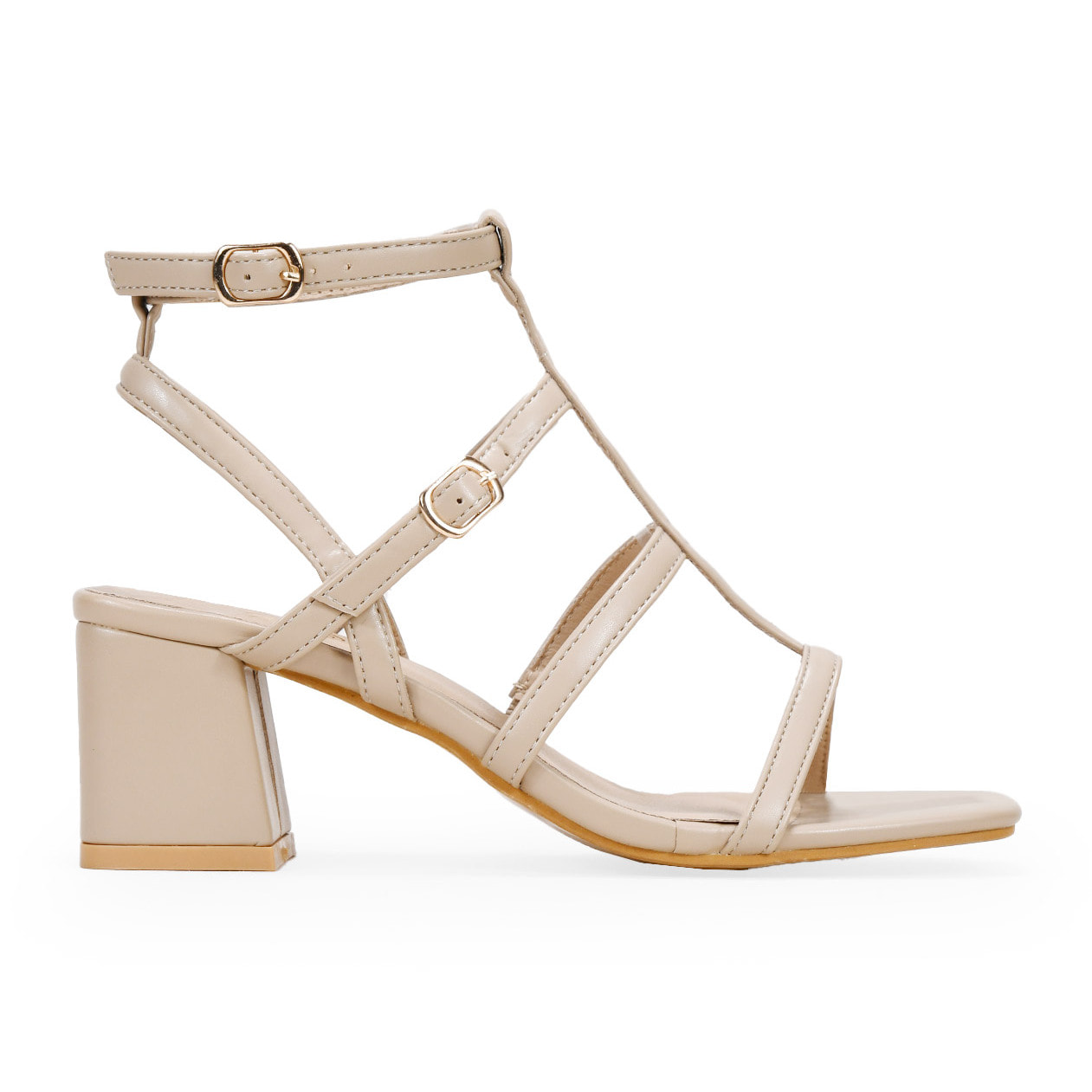 Sandalias de tacón beige con tiras y hebilla