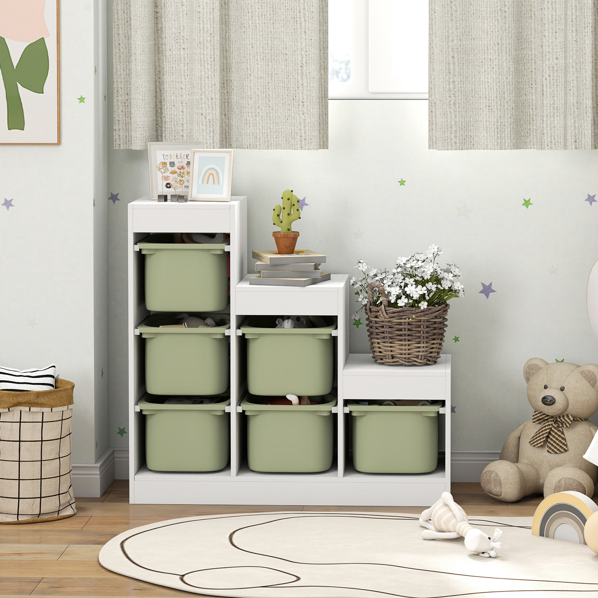 Rangement enfant - combinaison structure + bacs - coffre à jouet dim. 96L x 38l x 90H cm - blanc vert