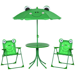 Ensemble salon de jardin enfant 4 pcs design grenouille - table ronde + 2 chaises pliables + parasol - métal époxy oxford vert