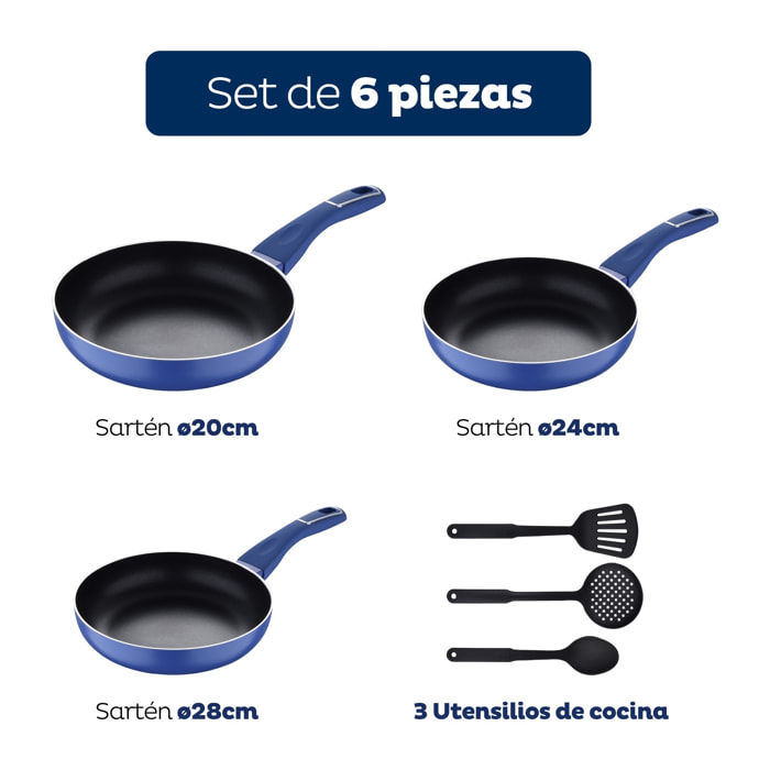 Set 3pc sartenes (20+24+28cm) c/3pc tools aluminio prensado ind azul land indigo