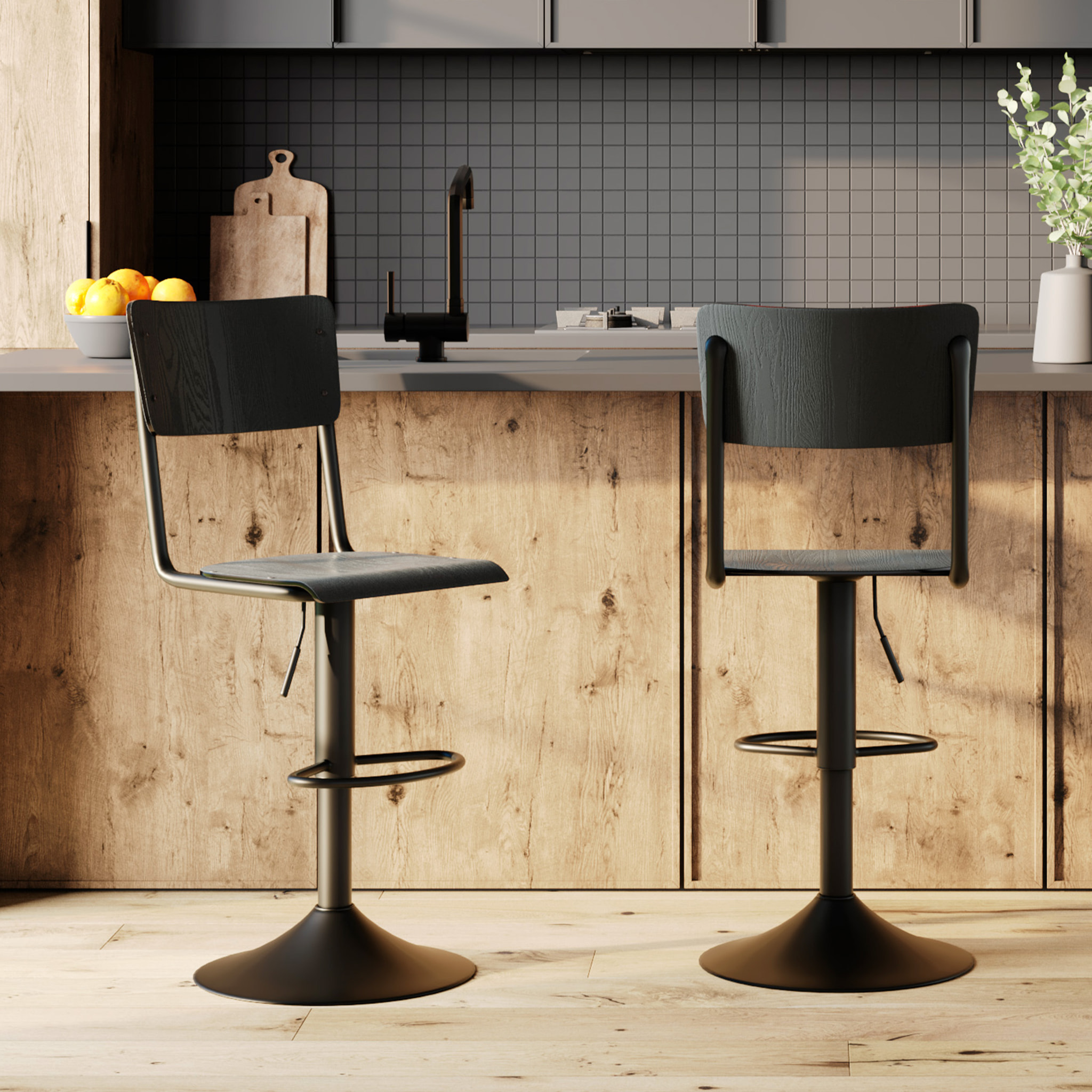 Lot de 2 chaises de bar réglables 60/80 cm en bois noir - Clem
