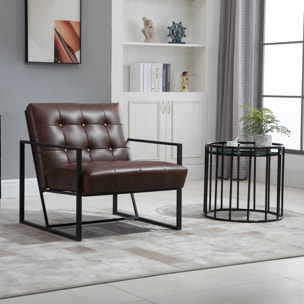 Fauteuil lounge Chesterfield assise dossier capitonnés structure métal noir revêtement synthétique chocolat