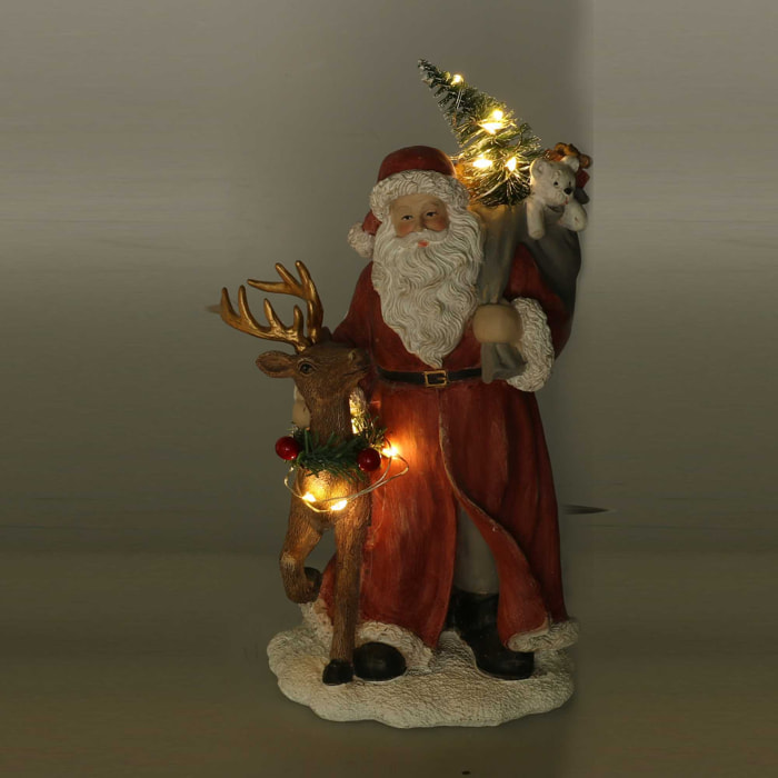 Babbo natale in resina con renna rossa con led cm11,5x11h21