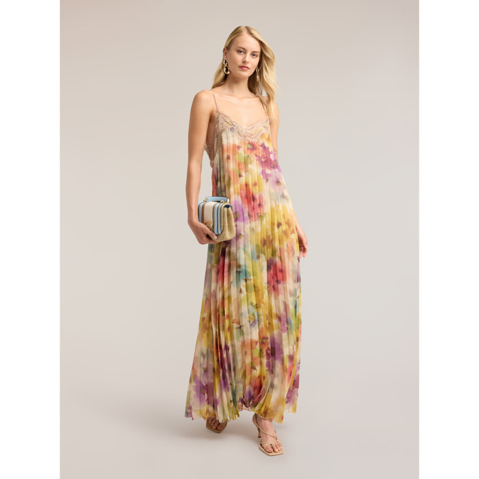 Motivi - Vestido maxi de gasa plisada con estampado - Amarillo