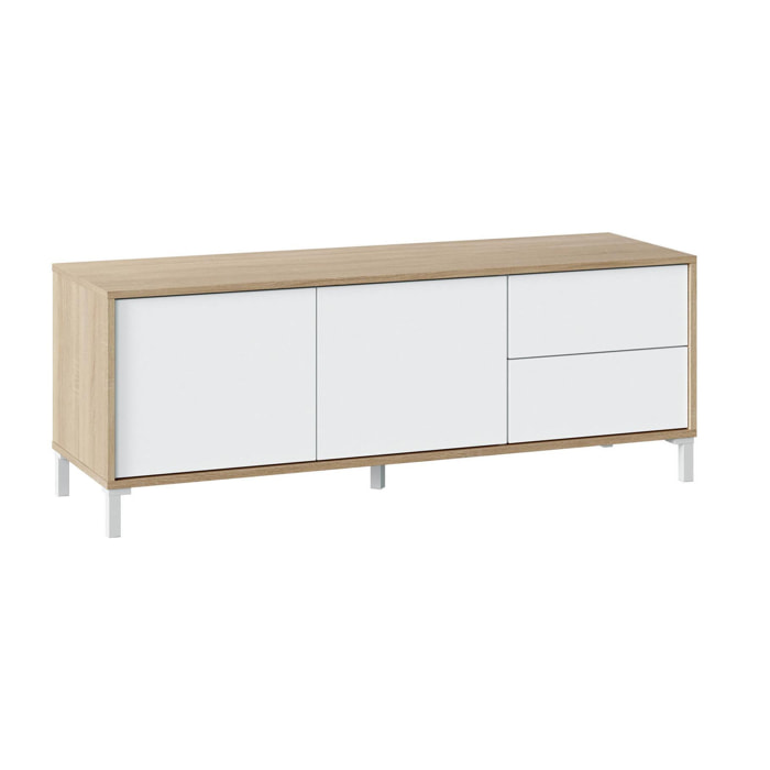 Mobile porta TV Cary, Credenza per televisione a 2 ante, Supporto TV da soggiorno, Mobile porta TV, Madia per salotto, cm 130x41h47, Rovere e Bianco