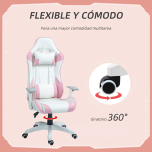 HOMCOM Silla Gaming Reclinable Silla Gamer Giratoria con Cojín Lumbar Reposabrazos Ajustable Reposacabezas Extraíble Basculante y Altura Ajustable para Oficina Estudio 67x60x120-128 cm Blanco y Rosa