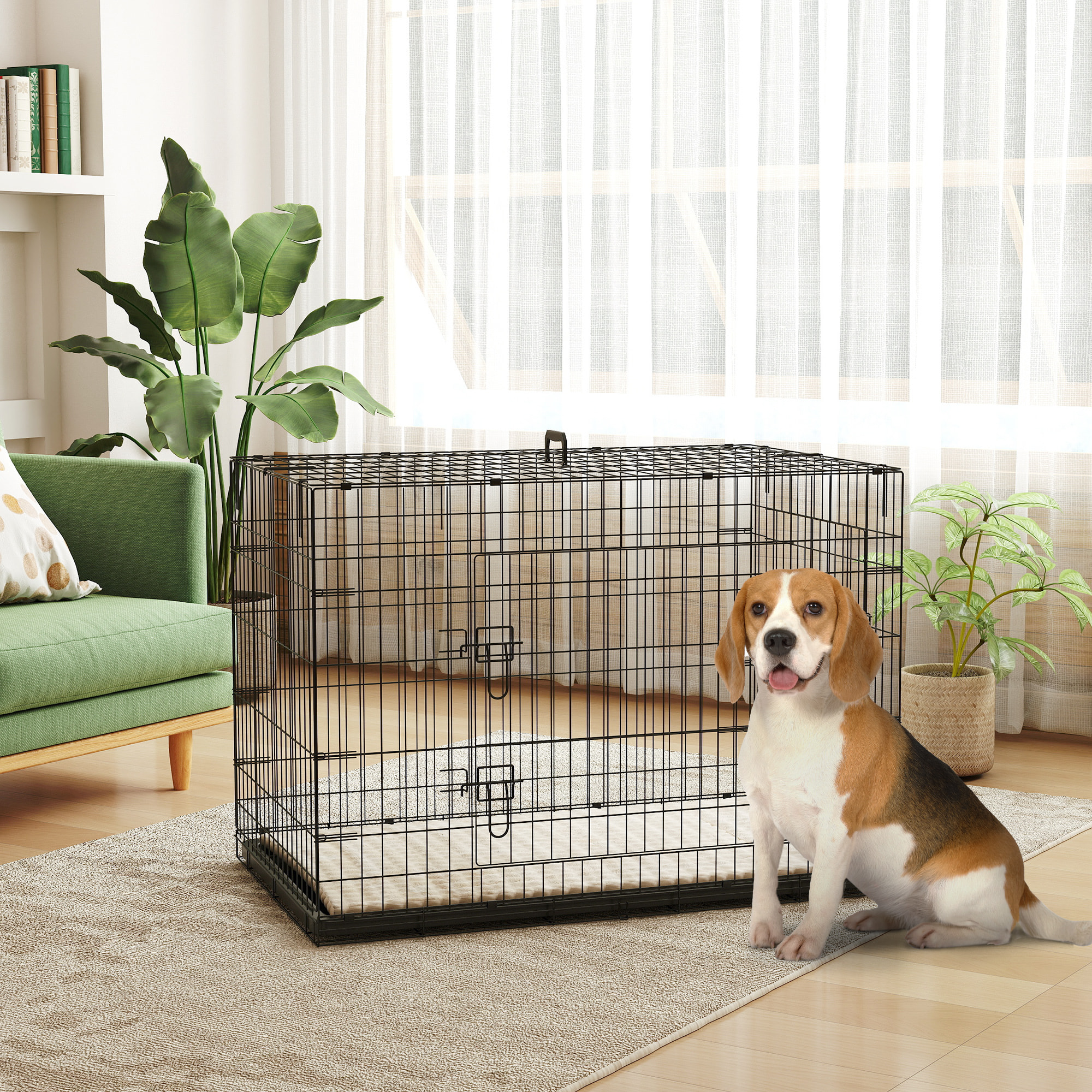 Jaula para Perros Plegable, Jaula para Perros Extragrandes con Cojín, 2 Puertas, Bandeja Extraíble y Marco de Alambre Metálico, 106x71,5x76 cm, Negro y Beige