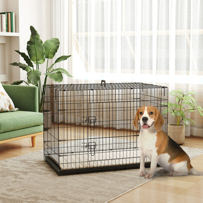 Jaula para Perros Plegable, Jaula para Perros Extragrandes con Cojín, 2 Puertas, Bandeja Extraíble y Marco de Alambre Metálico, 106x71,5x76 cm, Negro y Beige