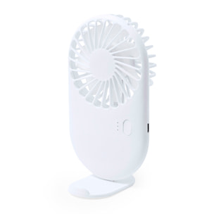 Ventilatore portatile con 3 velocità, supporto integrato per smartphone e batteria ricaricabile da 300 mAh.