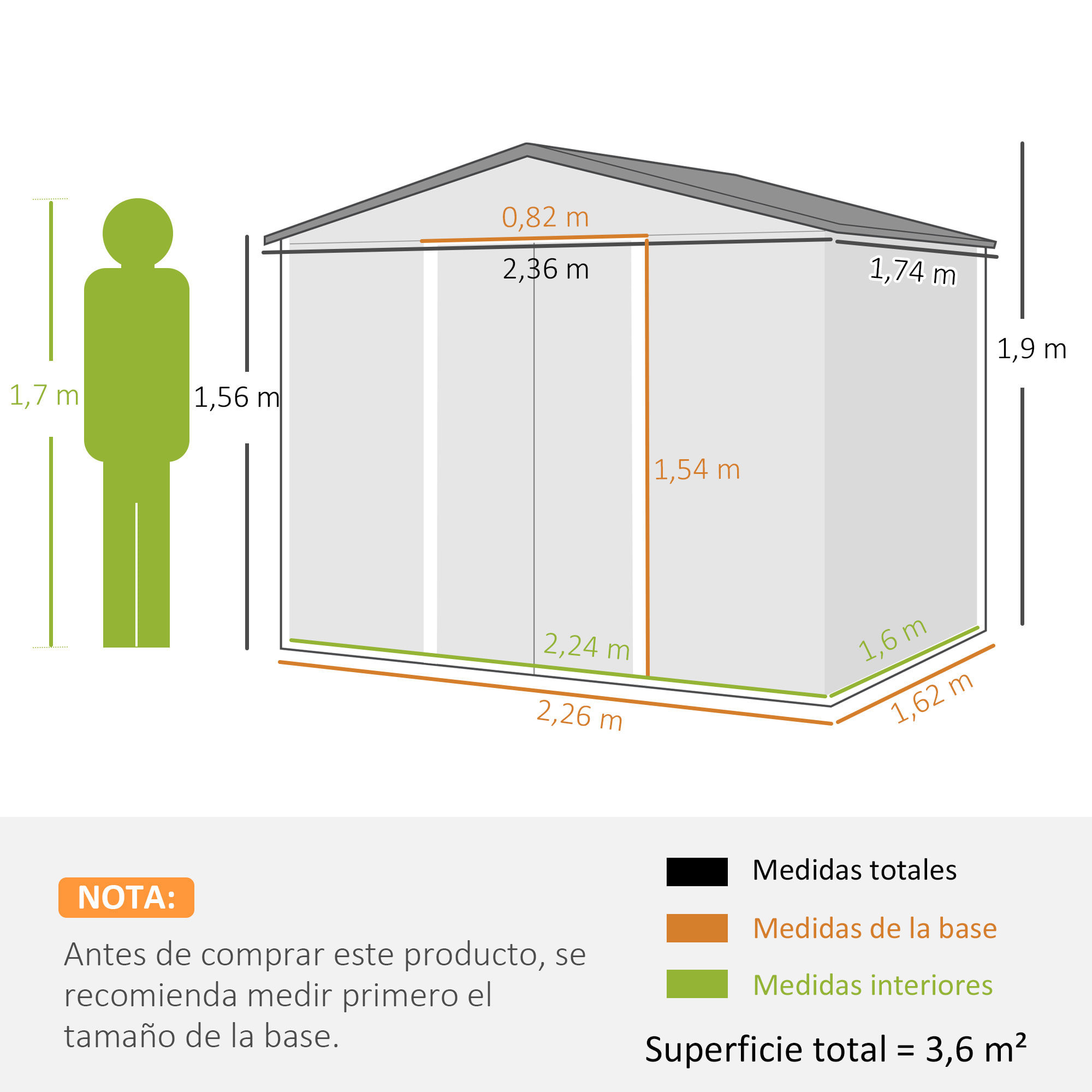 Caseta de Jardín Exterior 3,6 m² 236x174x190 cm Cobertizo de Jardín Exterior con 2 Puertas Correderas Techo Inclinado y 4 Ventanas para Patio Terraza Gris Claro