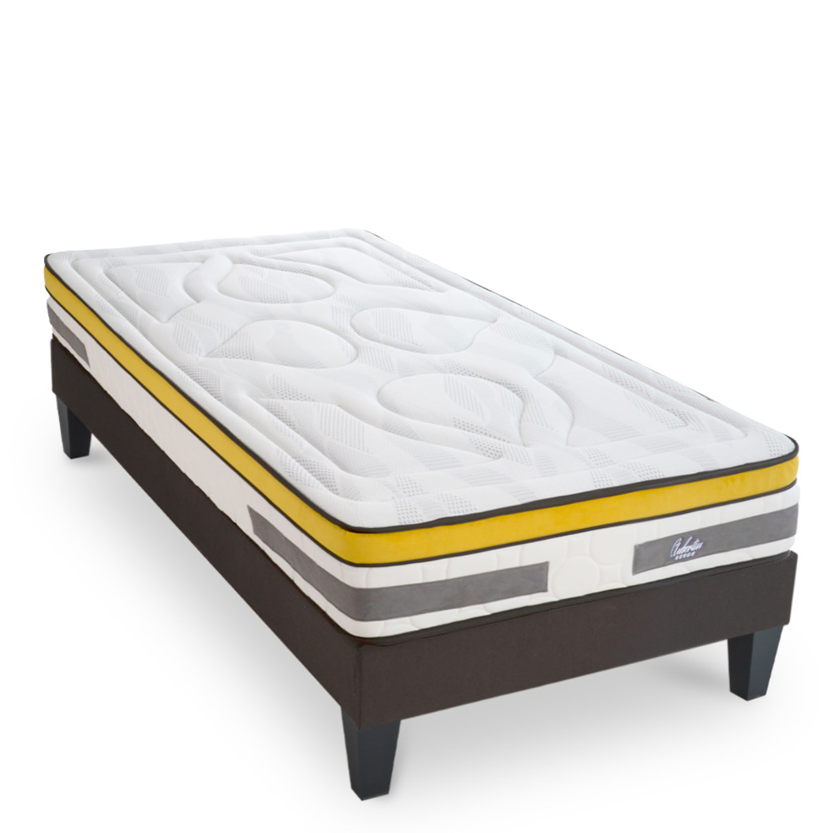 Ensemble Matelas Ressorts ensachés + mémoire Aubertin - 24 cm + sommier tissu gris - 1 place