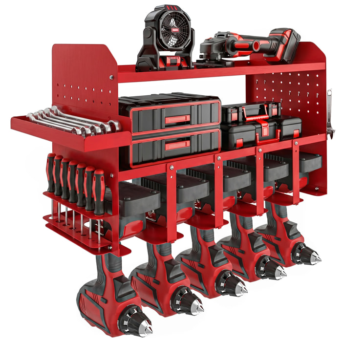 Organizador de Herramientas Eléctricas de Jardín, Estante de Almacenamiento de Pared de 2 Niveles para 5 Taladros, Soporte de Metal con Bandeja Lateral y 4 Ganchos, para Garaje,Taller, Rojo