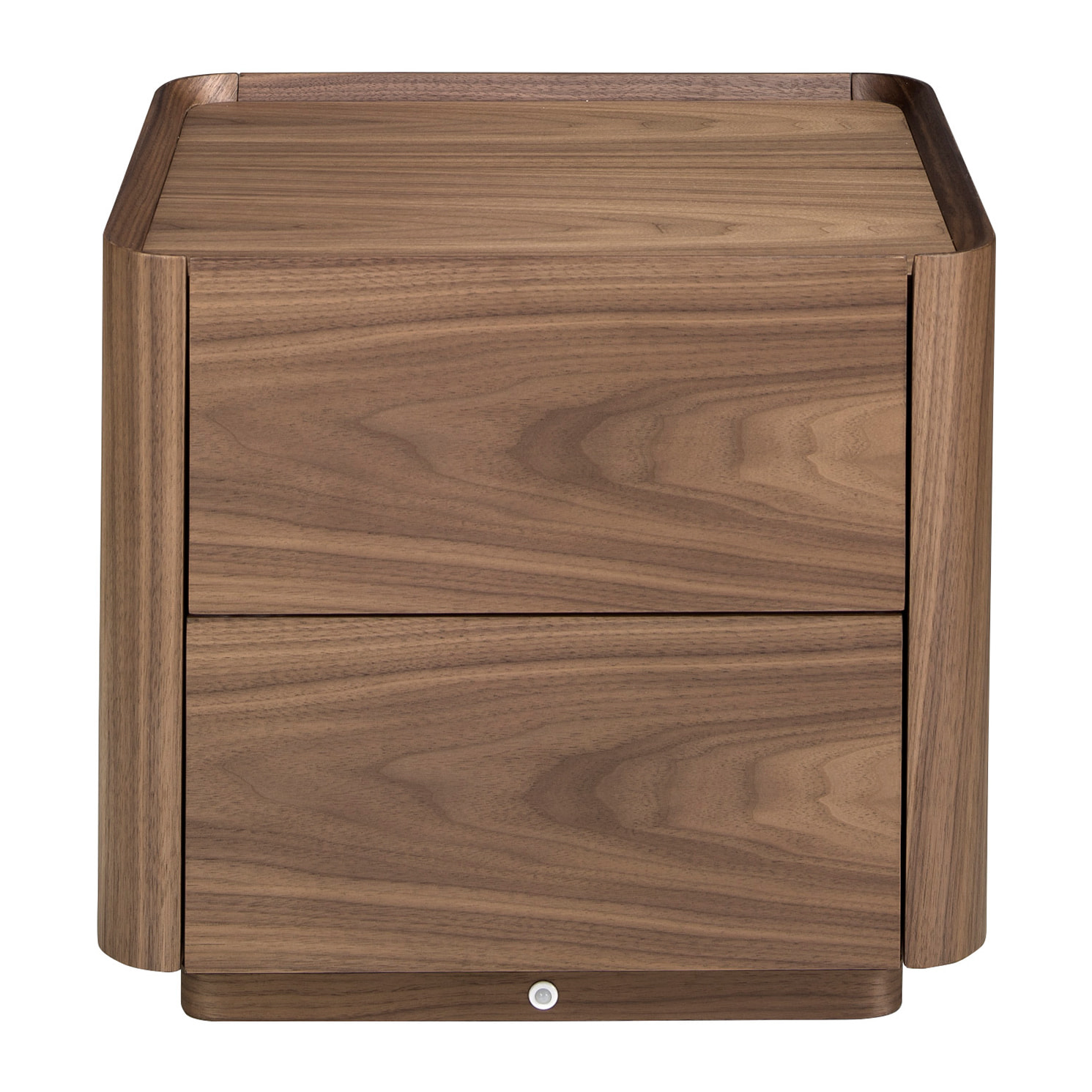 Mesita de noche con estructura de madera chapada en nogal natural y una original base de madera chapada en nogal 50x45x45cm