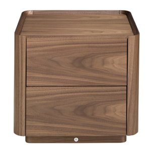 Mesita de noche con estructura de madera chapada en nogal natural y una original base de madera chapada en nogal 50x45x45cm