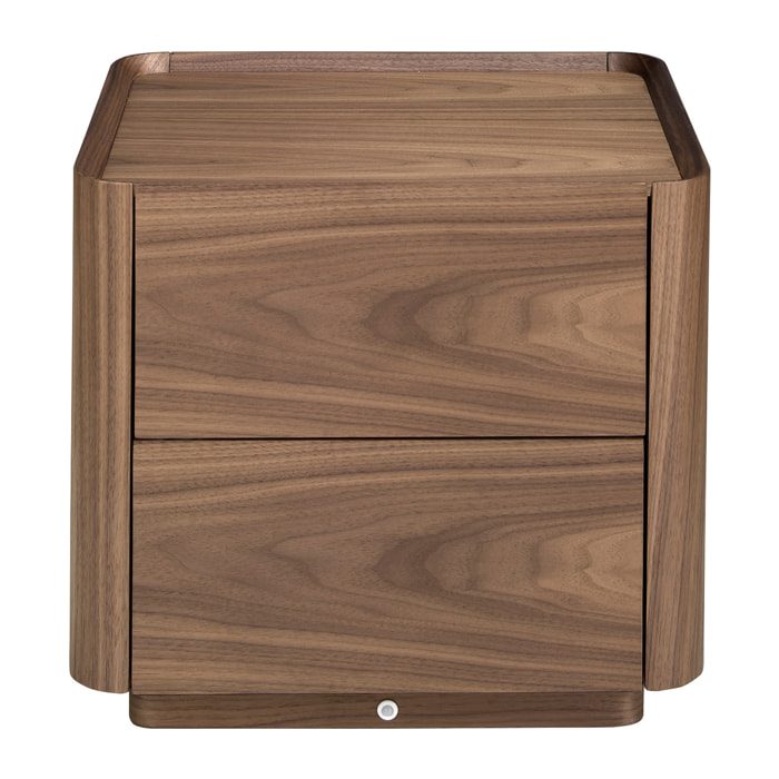Mesita de noche con estructura de madera chapada en nogal natural y una original base de madera chapada en nogal 50x45x45cm