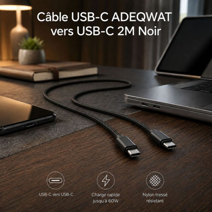 Câble USB C ADEQWAT vers USB-C 2M Noir compatible iPhone 17 16 15 Pro Max et Samsung Galaxy S25 S24 Ultra