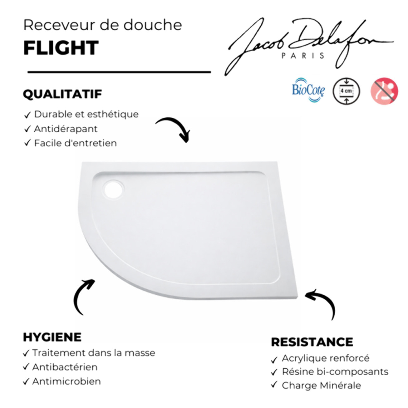 Receveur de douche antidérapant 100 x 80 cm Flight acrylique quart de rond asymétrique