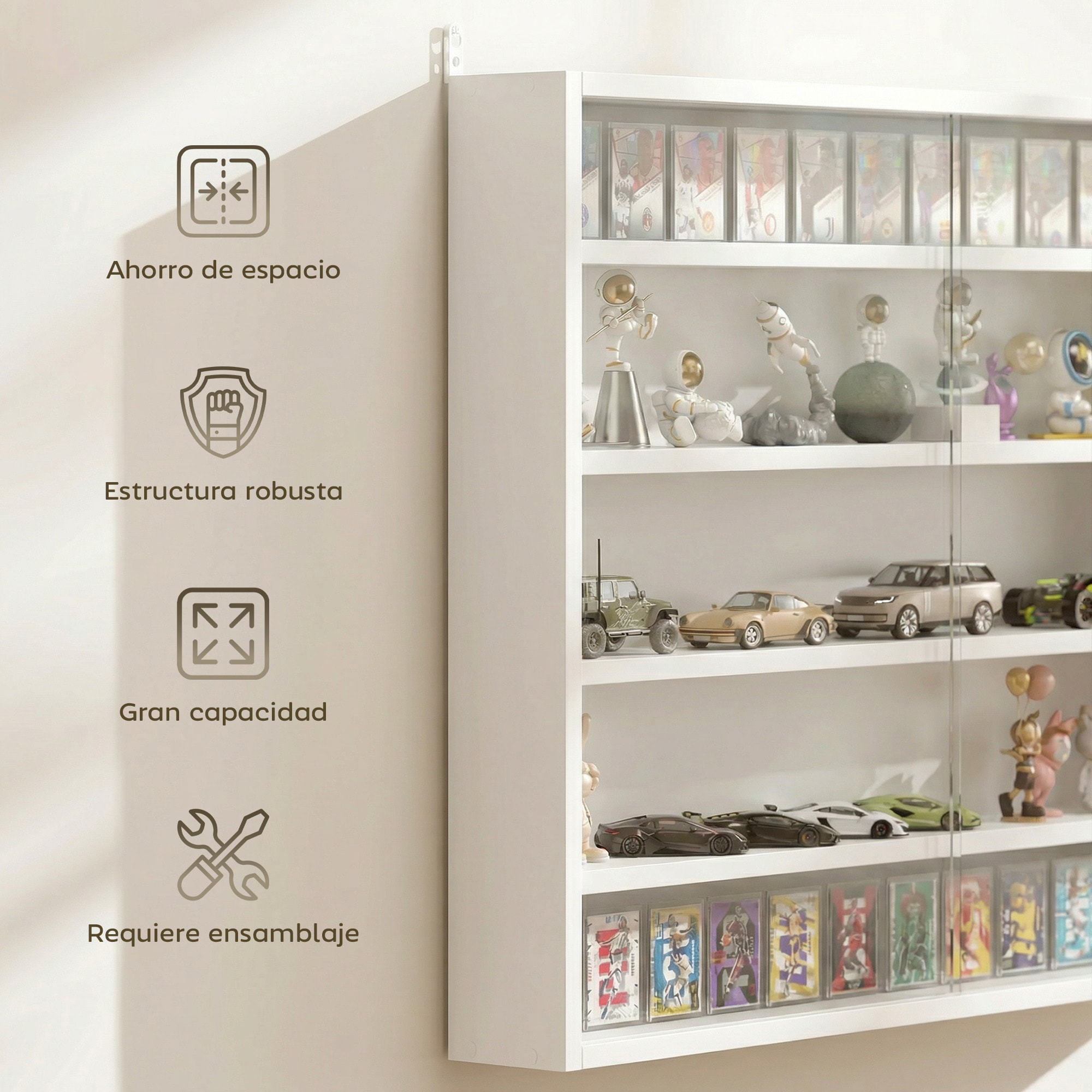 Vitrina Expositora para Colecciones de 5 Niveles, Vitrina de Pared, con Estantes Ajustables y 2 Puertas Correderas de Vidrio, para Perfumes, Figuras de Decoración, 80x9,5x60 cm, Blanco