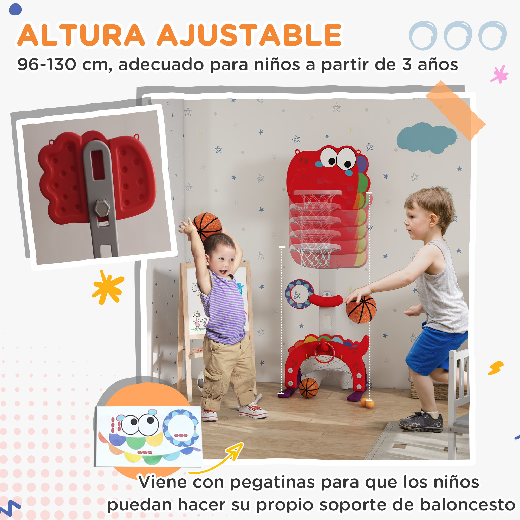 Canasta de Baloncesto Infantil 5 en 1 Canasta de Baloncesto para Niños Altura Ajustable con Fútbol ​​Golf Lazo Juego de Lanzamiento de Pelota para Interior Rojo