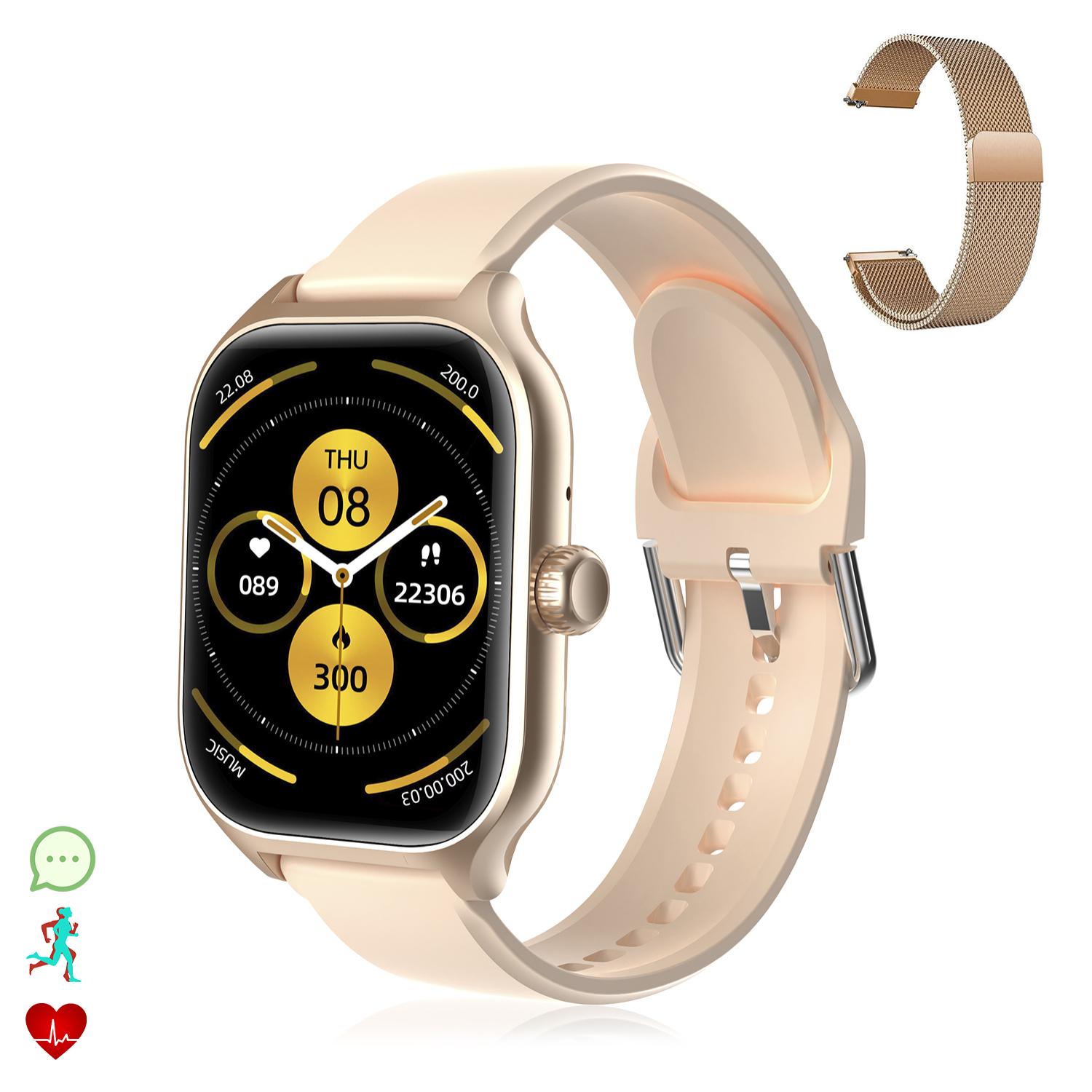 DAM Smartwatch GT4 Pro con llamadas BT, notificaciones push. Monitor deportivo y de salud. Corona multifunción. 4,2x1,2x5,2 Cm. Color: Oro