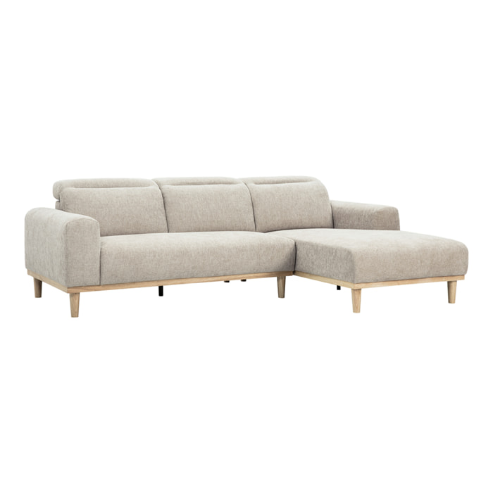 Canapé d'angle droit 3 places avec têtières ajustables en tissu effet velours texturé beige et bois clair HORACIO