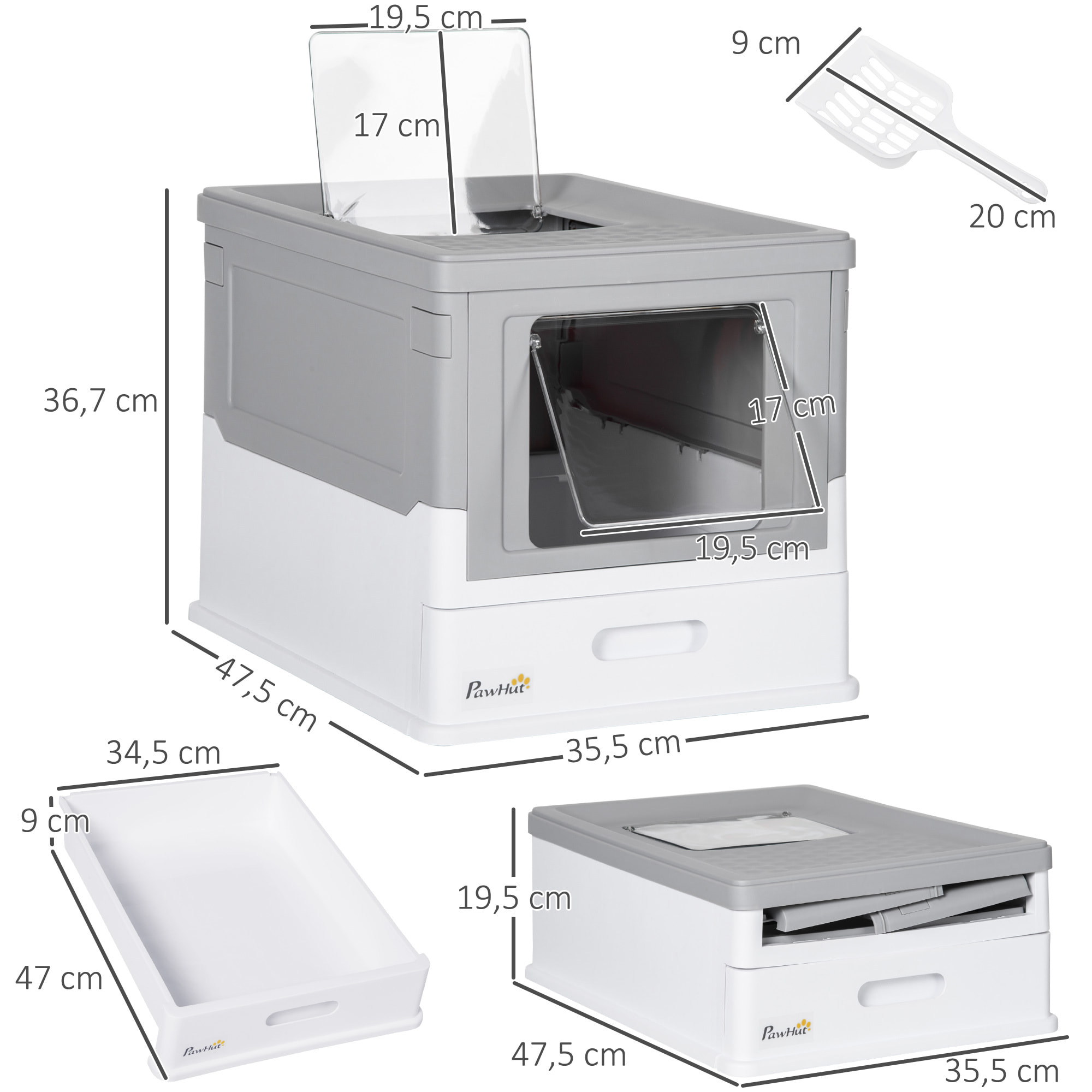 Caja de Arena Plegable para Gatos Arenero Cerrado para Gatos con Cubierta Desmontable Bandeja Extraíble Techo Abatible Puerta de Entrada y Pala 47,5x35,5x36,7 cm Gris