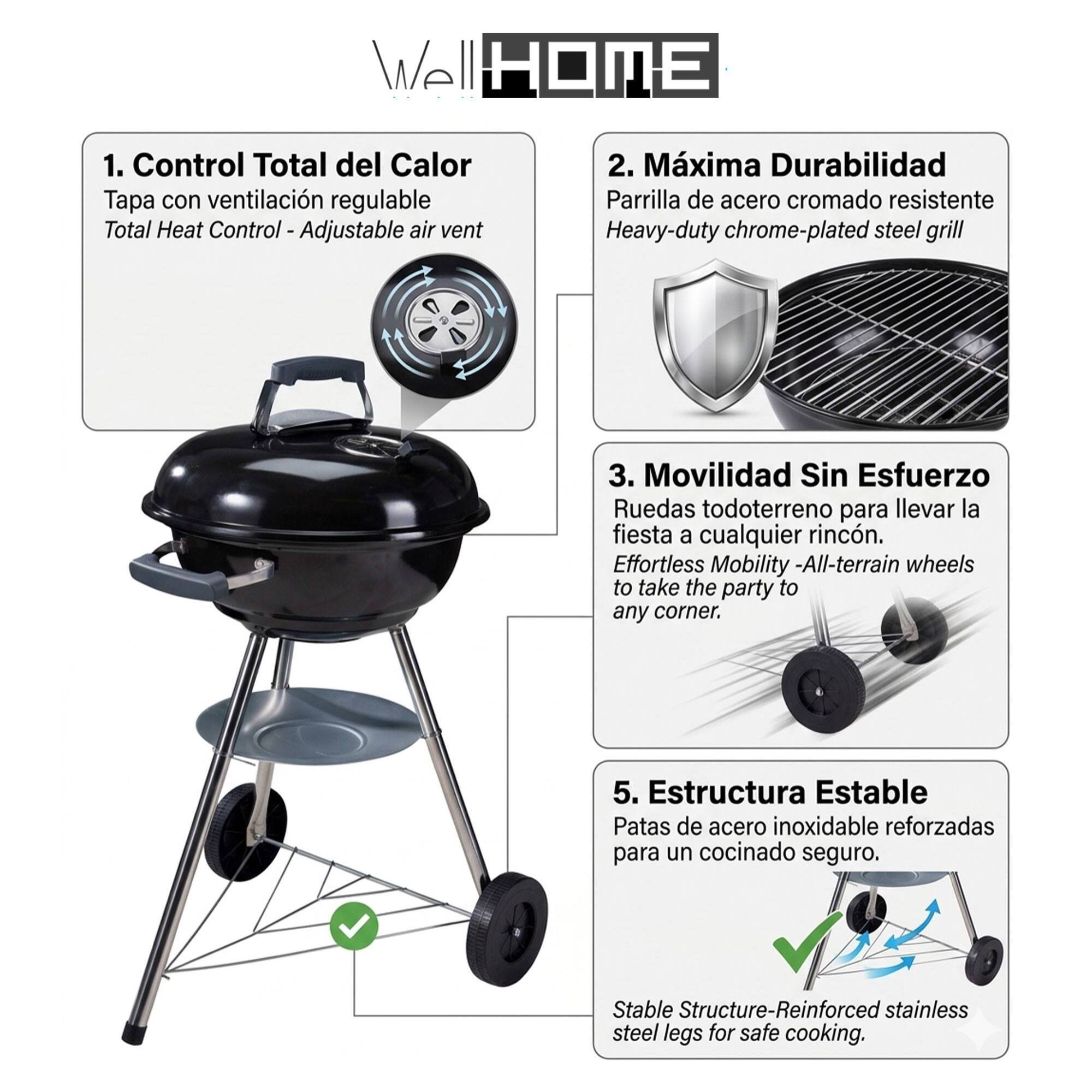 Barbacoa de Carbón con Ruedas Ø47cm - Parrilla de Acero Cromado y Rejilla para Carbón - Para Jardín, con Patas de Acero Inoxidable