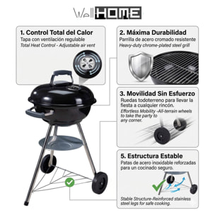 Barbacoa de Carbón con Ruedas Ø47cm - Parrilla de Acero Cromado y Rejilla para Carbón - Para Jardín, con Patas de Acero Inoxidable