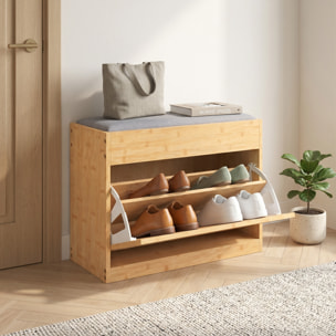 Banco Zapatero, Banco Recibidor con Asiento Acolchado, Cajón Abatible, Puerta de Ratán, Estante Ajustable, para Entrada, Pasillo, Salón, 63x29x48 cm, Natural y Gris