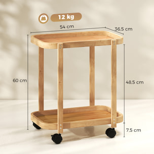 Carrito de Cocina de Bambú de 2 Niveles, Carrito Auxiliar de Cocina con Ruedas, 2 Estantes Abiertos, Diseño Curvo, para Comedor, 54x36,5x60 cm, Natural