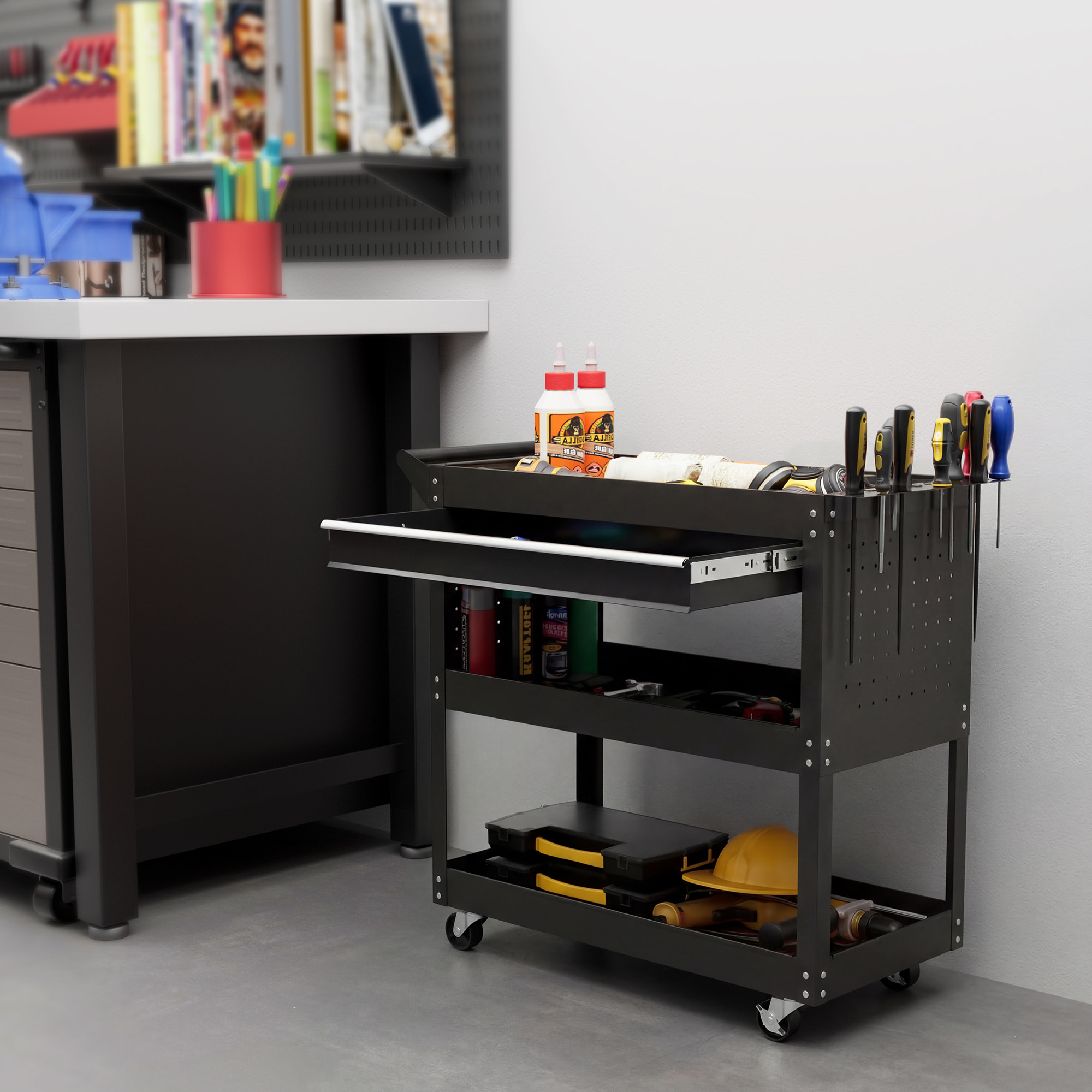 Servante d'atelier chariot à outils 2 étagères plateau grand tiroir tablette à outils acier noir