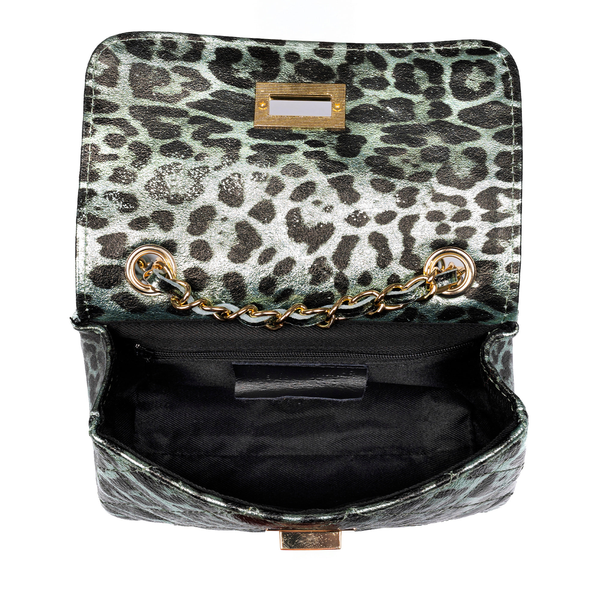 Amaro borsa a tracolla donna. Pelle autentica Suede trapuntata, stampa animale leopardata, laccato lucido.