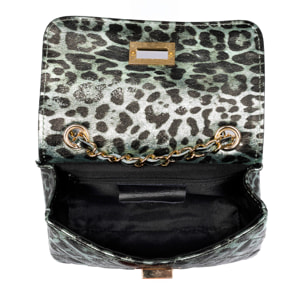 Amaro borsa a tracolla donna. Pelle autentica Suede trapuntata, stampa animale leopardata, laccato lucido.