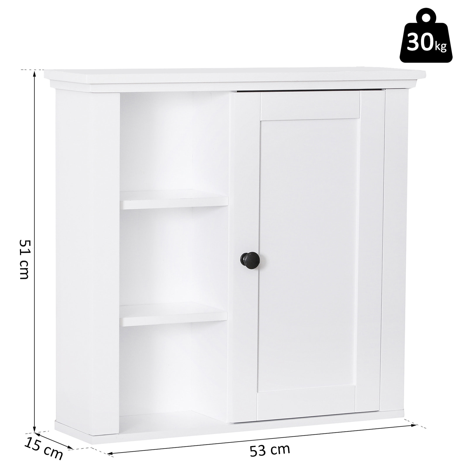 Armoire haute murale de salle de bain ou WC placard 1 porte 3 niches dim. 53L x 14,5l x 50,5H cm MDF panneaux particules blanc