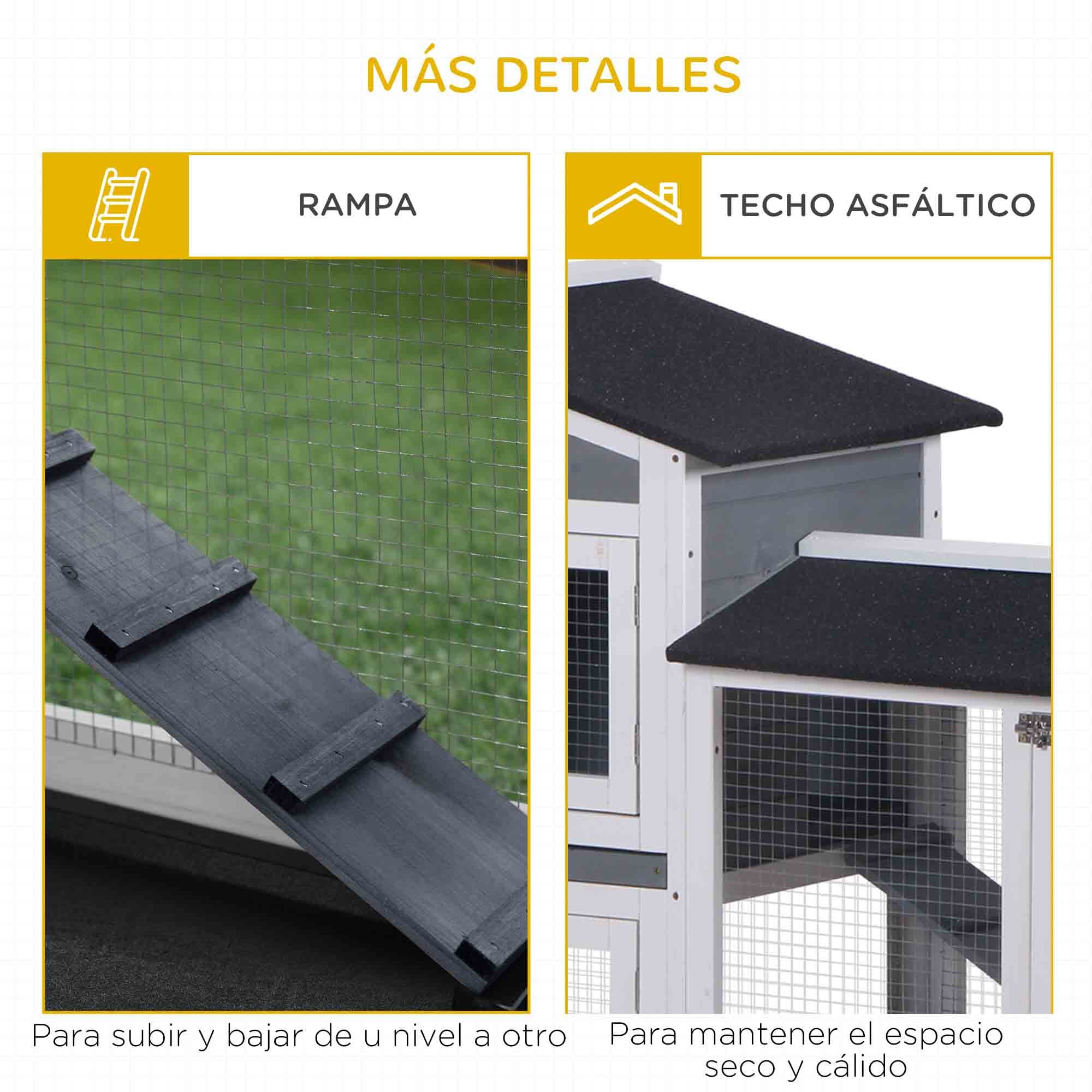 Conejera de Madera Exterior Jaula para Conejos de 2 Niveles con Techo Asfáltico 2 Corrales de Metal Bandeja Extraíble 2 Puertas y Rampa 157,4x53x93,5 cm Gris