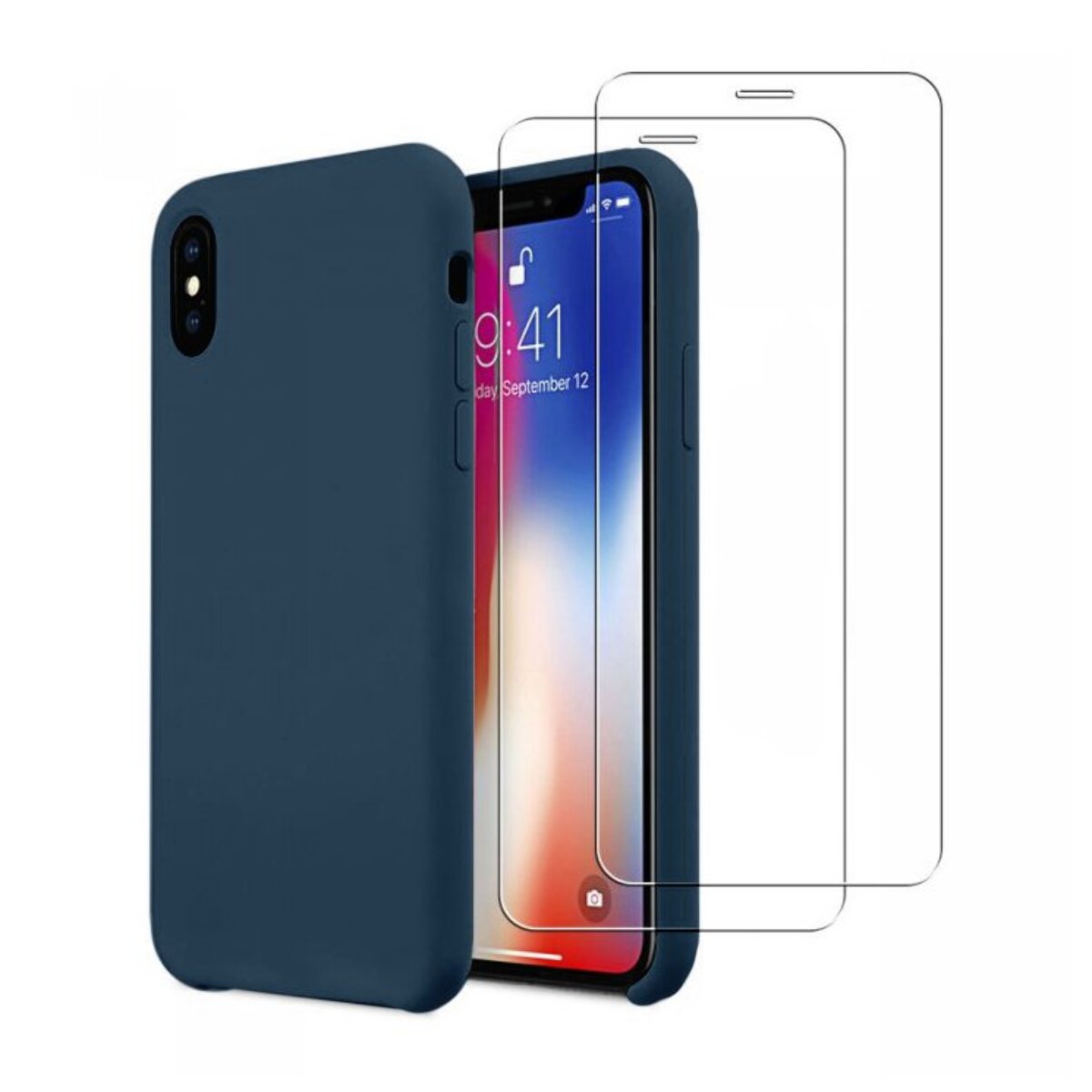 Coque iPhone X/XS Silicone liquide Bleu Marine + 2 Vitres en Verre trempé Protection écran Antichocs