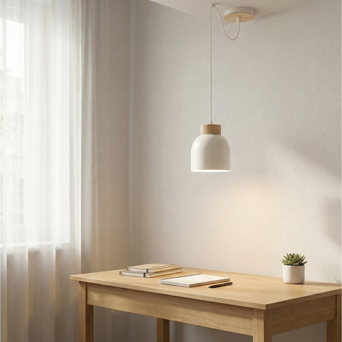Lampada a sospensione KRU in acciaio bianco opaco e legno