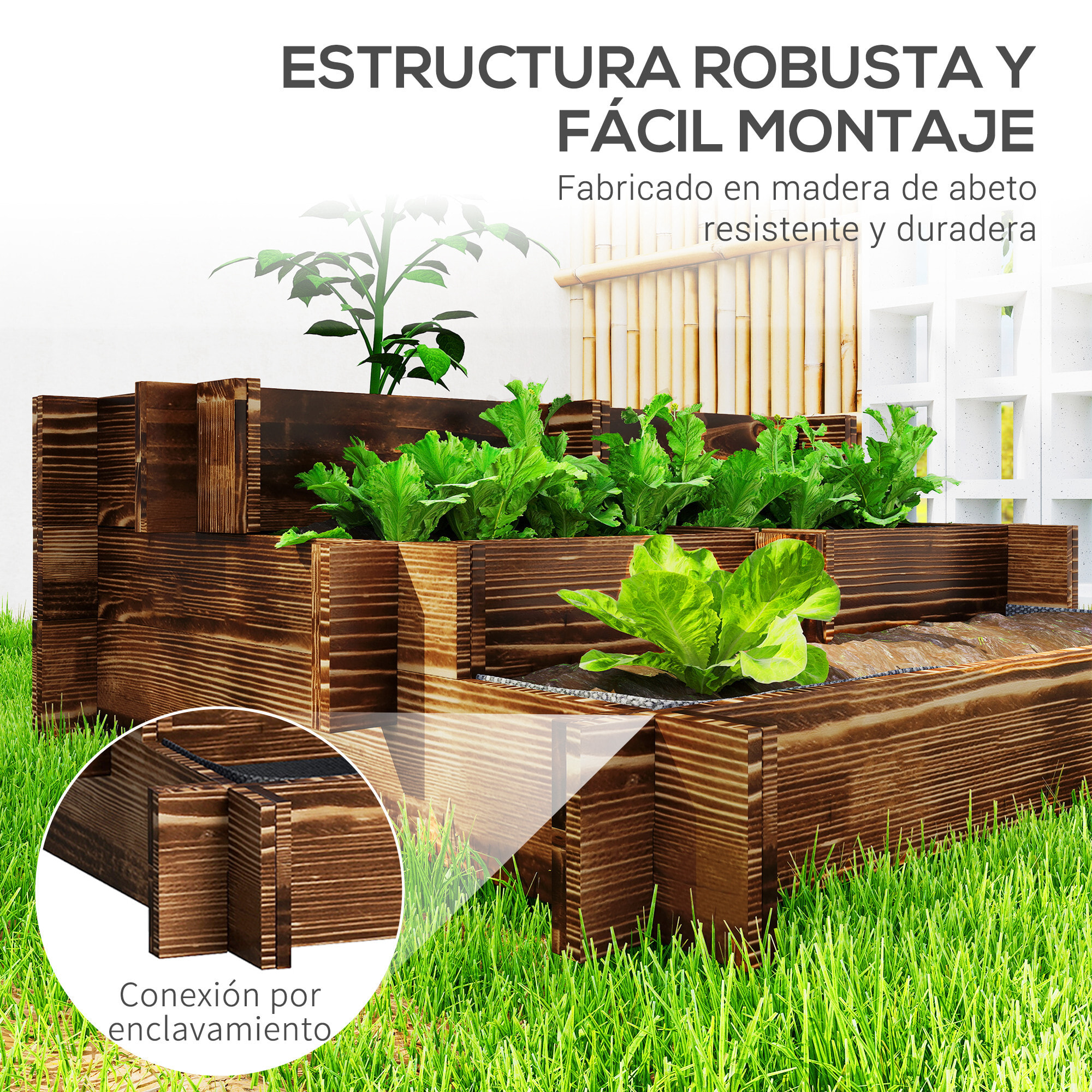 Jardinera de Madera Arriate de Jardín de 3 Niveles con Diseño de Escalera y Tela no Tejida Huerto Urbano para Cultivos Plantas Flores para Terraza Jardín 93x93x35 cm Carbonizado