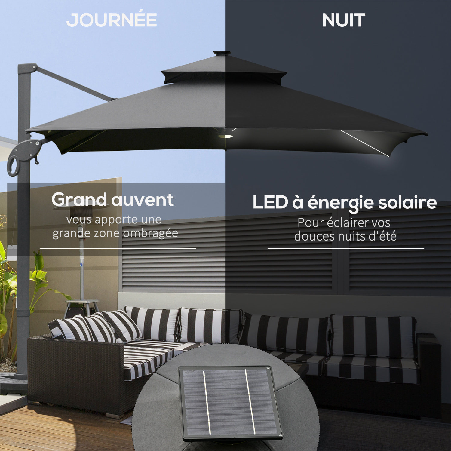 Parasol déporté rectangulaire parasol LED inclinable pivotant manivelle acier alu. dim. 3L x 3l x 2,66H m polyester gris