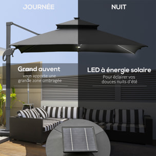 Parasol déporté rectangulaire parasol LED inclinable pivotant manivelle acier alu. dim. 3L x 3l x 2,66H m polyester gris