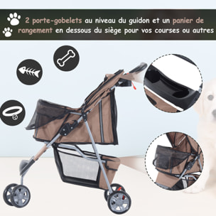 Poussette buggy pour chien chat animaux roue avant pivotante 360 degrés marron