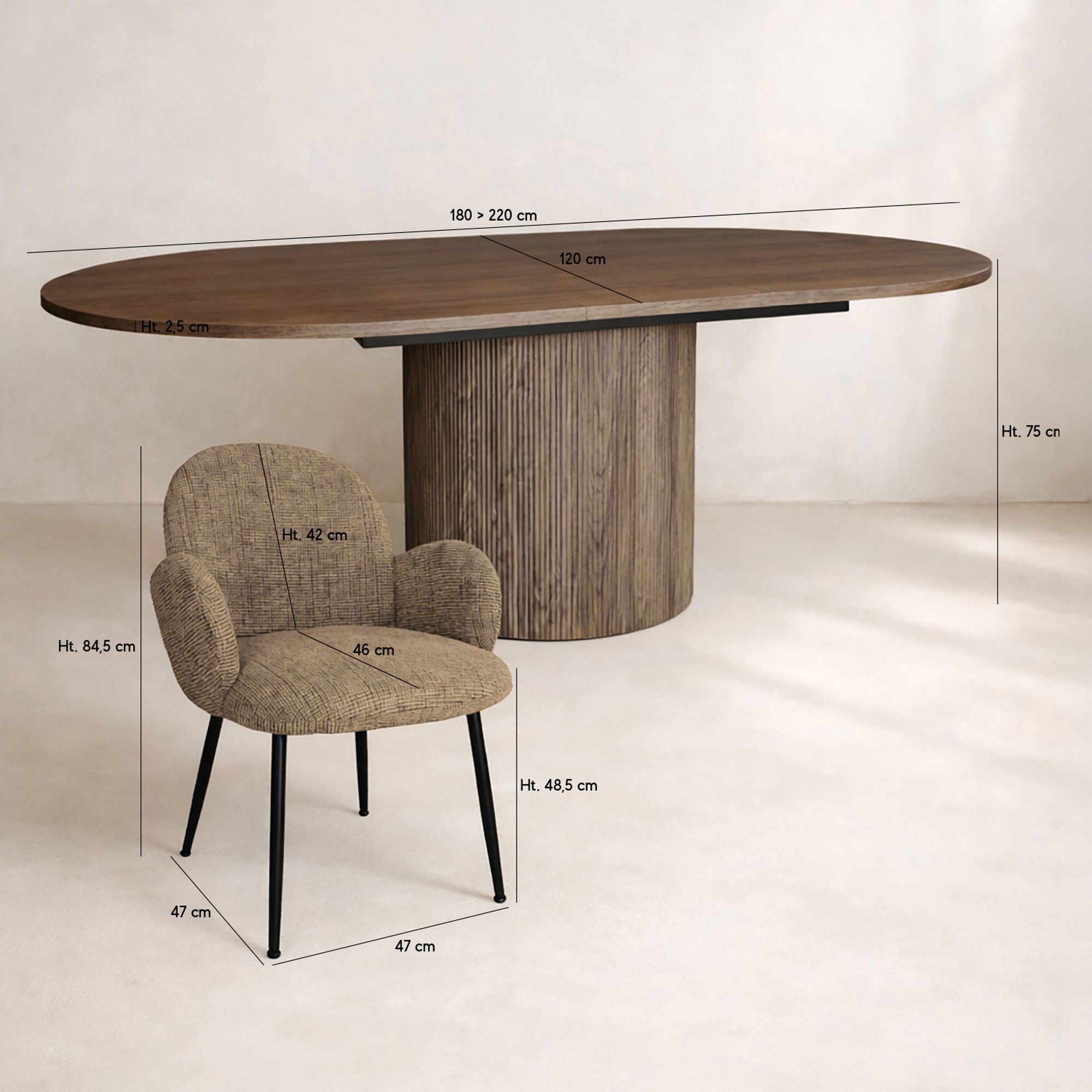 Ensemble table extensible ovale et 6 fauteuils en tweed tabac