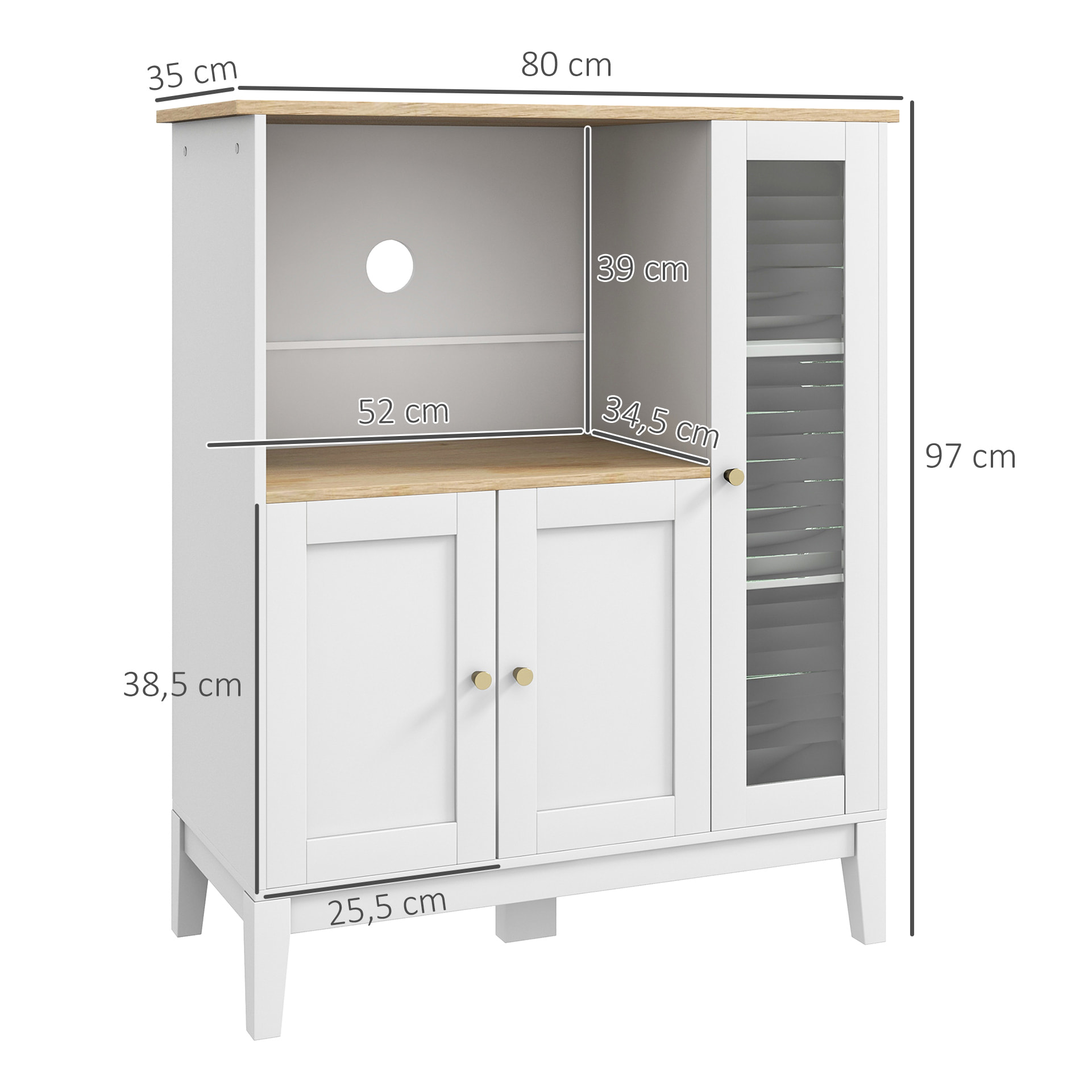Mueble Auxiliar de Cocina Moderno Mueble para Microondas Aparador de Cocina con Estantes 3 Puertas Compartimiento Abierto y Sistema Anti-vuelco para Comedor 80x35x97 cm Blanco